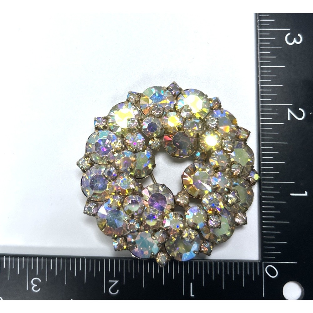 Brooch and Earring Set AB Aurora Borealis Rhinestones Large Vintage Prong Set - Picture 5 of 6